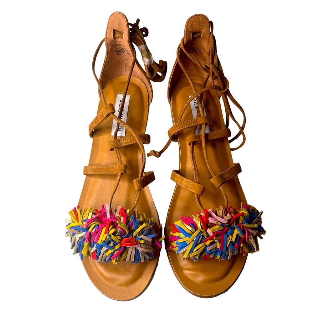 Steve Madden Women’s 9 Swizzle Lace-Up Sandals Natural Multicolor Suede/Leather
